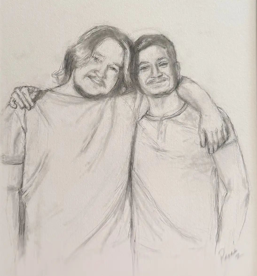 Sketch outline of two people standing next to each other with heads together